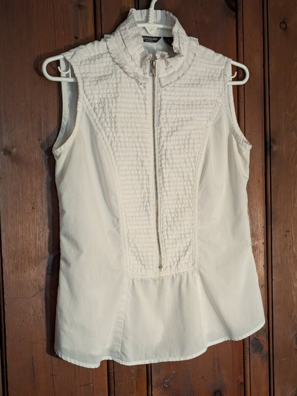 Cute AUTOGRAPH New York Blouse -Off-white -Sleeveless -Bib Zipper Front -Sz S
